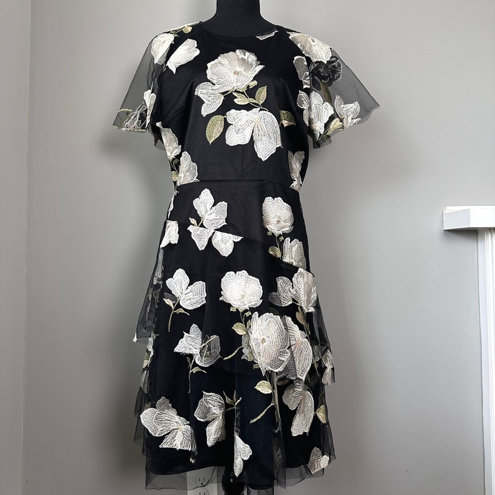 Tahari Arthur Levine Dress 10 Black Floral Embroidered Dress Party‎ Net